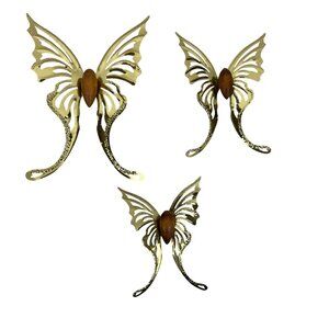 Set Of 3 Vintage Brass & Wood Butterfly Wall Art Decor